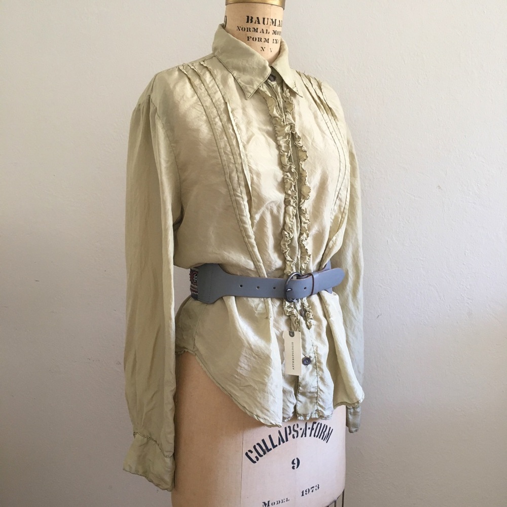 CP Shades Silk Green Tea Tuxedo Blouse - Sz S